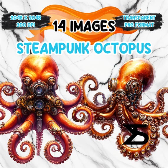 Watercolor Steampunk Octopus PNG Image on transparent background, digital Sticker/Scrappbooking, commercial use, instant digital download