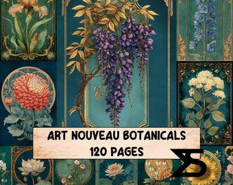 Kit di effimeri vintage Art Nouveau Botanicals per pagine di junk journal, carte floreali stampabili, etichette, immagini di piante vittoriane