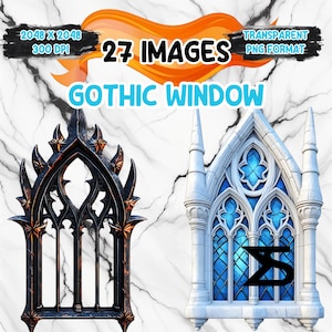 Könnte beinhalten: Zwei gotische Fensterrahmen, einer schwarz und einer weiß, mit filigranen Details und Buntglas. Der schwarze Rahmen hat einen Spitzbogen und ist mit Sternen verziert. Der weiße Rahmen hat einen Spitzbogen und ist mit einem blauen Buntglasfenster verziert.