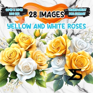 May include: Digital image featuring yellow and white roses. The image includes text that reads "28 IMAGES" and "YELLOW AND WHITE ROSES". The background is a marble texture. The image is in a transparent PNG format.
