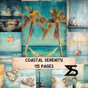May include: A collage of coastal-themed art prints. The central image features palm trees, a hammock, and a turquoise ocean. Other images include a bonfire, a kite, seashells, and a beach scene. Text reads "COASTAL SERENITY 115 PAGES."