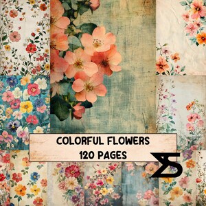 Könnte beinhalten: Eine Collage aus floralen Designs mit einer Vielzahl farbenfroher Blumen. Das Bild enthält ein zentrales Panel mit dem Text "COLORFUL FLOWERS 120 PAGES". Die Farbpalette umfasst Rosa, Rot, Blau und Gelb.