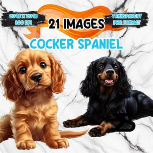 Könnte beinhalten: Digitales Kunstwerk mit zwei Cocker Spaniels, einem goldenen und einem schwarzen, vor einem Marmorhintergrund. Das Bild enthält Text, der 21 Bilder im PNG-Format mit einer Auflösung von 2048 x 2048 Pixeln bei 300 DPI angibt.