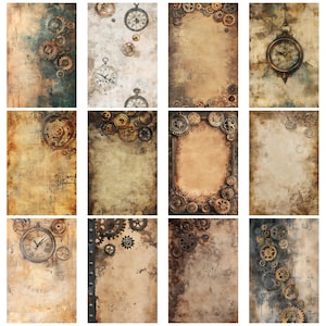 Op de afbeelding: Een verzameling digitale papieren met steampunk-thema. Elk papier heeft een verweerde, getextureerde achtergrond in tinten bruin, beige en blauwgroen, versierd met tandwielen, klokken en andere mechanische elementen. De ontwerpen roepen een vintage, industri&euml;le esthetiek op.