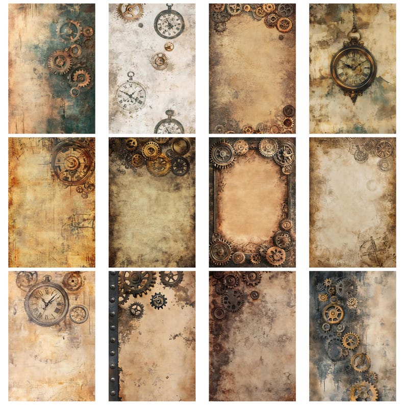 Op de afbeelding: Een verzameling digitale papieren met steampunk-thema. Elk papier heeft een verweerde, getextureerde achtergrond in tinten bruin, beige en blauwgroen, versierd met tandwielen, klokken en andere mechanische elementen. De ontwerpen roepen een vintage, industri&euml;le esthetiek op.