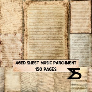 Könnte beinhalten: Eine Sammlung alter Notenblätter auf Pergament mit verschiedenen musikalischen Notationen auf verwittertem, beigefarbenem Papier. Das mittlere Blatt ist von einem verzierten Rand umgeben. Der Text AGED SHEET MUSIC PARCHMENT 150 PAGES ist sichtbar.