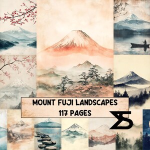 Könnte beinhalten: Eine Sammlung von Aquarellmalereien mit Landschaften des Mount Fuji. Die Bilder zeigen den Berg in verschiedenen Umgebungen, darunter ruhige Seen und Kirschblütenbäume. Der Text "MOUNT FUJI LANDSCAPES 117 PAGES" wird angezeigt.