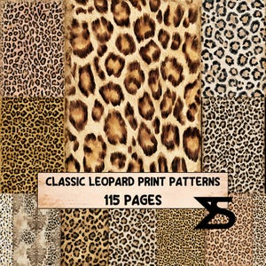 Könnte beinhalten: Eine Sammlung verschiedener Leopardenmuster in einer Rasteranordnung. Ein rechteckiges Banner in der Mitte zeigt den Text "CLASSIC LEOPARD PRINT PATTERNS" und "115 PAGES" in schwarzer Schrift auf hellbeigem Hintergrund.