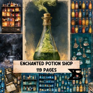May include: A digital collection titled Enchanted Potion Shop 119 Pages featuring illustrations of glass bottles filled with colourful liquids, a steaming potion flask, shelves of apothecary jars, dried herbs in pouches, and open spell books.