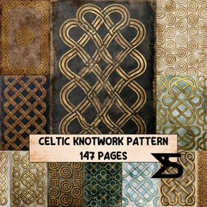 May include: A collection of Celtic knotwork patterns displayed in a grid format with various gold-colored designs on textured backgrounds. A central rectangular label features the black text CELTIC KNOTWORK PATTERN 147 PAGES.