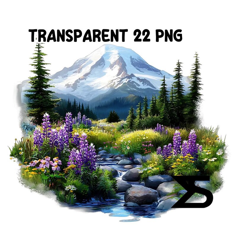 May include: A painting of a mountain range with a river flowing through a valley. The river is surrounded by green grass and wildflowers, including purple lupine flowers. The mountain peaks are covered in snow.