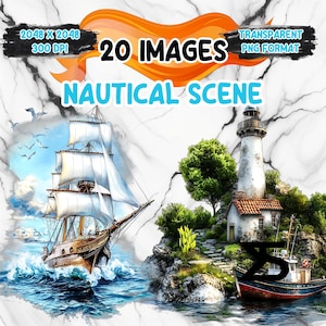 20 aquarel nautische scène, nautische clipart-bundel, commercieel gebruik, digitale download, instant download