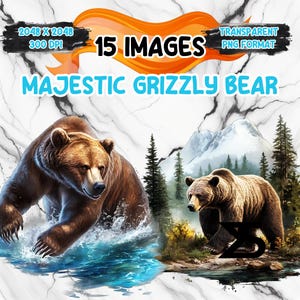 Image PNG aquarelle majestueux grizzli, lot de cliparts grizzly, usage commercial, téléchargement numérique, téléchargement immédiat