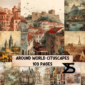 Puede incluir: Un collage de paisajes urbanos en acuarela con monumentos y arquitectura icónicos de todo el mundo. La imagen incluye ilustraciones de edificios con tejados de tejas rojas, torres y un tranvía antiguo. El texto en la imagen dice "AROUND WORLD CITYSCAPES 103 PAGES."