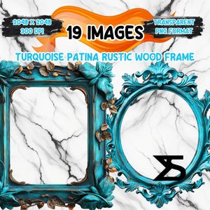 Könnte beinhalten: Zwei verzierte türkisfarbene Patina-Holzrahmen, einer quadratisch und einer oval, mit goldenen Akzenten. Das Bild enthält Text: "2048 X 2048, 300 DPI, 19 IMAGES, TRANSPARENT PNG FORMAT, TURQUOISE PATINA RUSTIC WOOD FRAME."