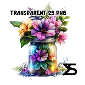 May include: A glass jar filled with colorful flowers, including purple, pink, yellow, and white. The jar has a galaxy-like design with sparkling lights. The flowers are arranged in a bouquet and are spilling out of the jar.
