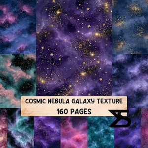 May include: A digital collection of cosmic nebula galaxy textures featuring deep purple, blue, and pink clouds with gold star accents. The image includes a rectangular label with the text COSMIC NEBULA GALAXY TEXTURE 160 PAGES.