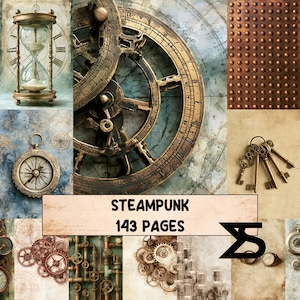 May include: A collage of steampunk-themed imagery featuring a brass hourglass, an astrolabe, a compass, a set of keys, copper studs, and mechanical gears. The central text reads "STEAMPUNK 143 PAGES" with a black logo symbol on a light background.