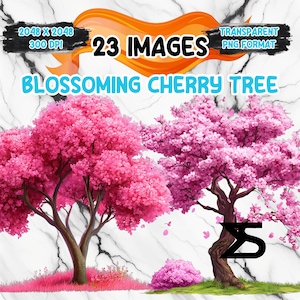 Imagen PNG de cerezo en flor de acuarela, paquete de imágenes prediseñadas de primavera, uso comercial, descarga digital, descarga instantánea