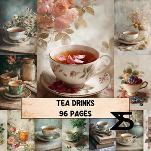 Puede incluir: Un collage de imágenes con tazas de té y arreglos florales. La imagen central muestra una taza de té llena de té y pétalos de rosa. El texto "TEA DRINKS 96 PAGES" se muestra en una pancarta.