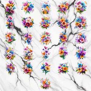 May include: A collection of 25 colourful floral bouquets featuring a variety of flowers in shades of pink, purple, blue, yellow, and white. The bouquets are arranged in a grid pattern against a white marble background.