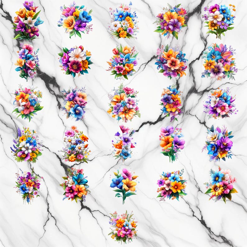 May include: A collection of 25 colourful floral bouquets featuring a variety of flowers in shades of pink, purple, blue, yellow, and white. The bouquets are arranged in a grid pattern against a white marble background.