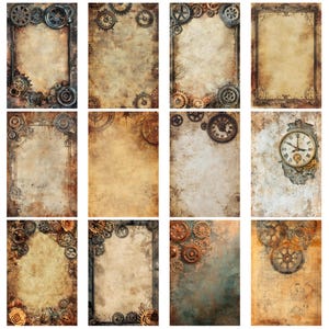 Op de afbeelding: Een verzameling digitale papieren met steampunk-thema. Elk papier heeft een vintage, verouderde achtergrond met sierlijke tandwielen, klokgezichten en mechanische elementen. Het kleurenpalet omvat sepiatinten, bruin en vleugjes teal, wat een retro, industri&euml;le esthetiek cre&euml;ert.