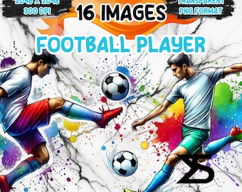 16 imágenes prediseñadas de jugador de fútbol de acuarela, imágenes prediseñadas de jugador de fútbol, paquete de imágenes prediseñadas, uso comercial, descarga digital, descarga instantánea