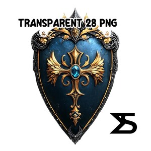 K&ouml;nnte beinhalten: Ein Schild mit blauem Hintergrund und goldenen Akzenten. Das Schild hat ein Kreuzdesign mit einem blauen Edelstein in der Mitte. Der Text "TRANSPARENT 28 PNG" befindet sich oben.