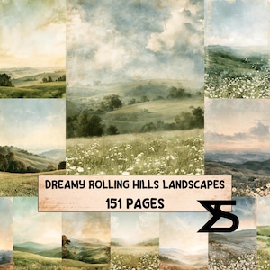 May include: A digital collection of 151 pages featuring various landscape illustrations of rolling hills, meadows with white flowers, and cloudy skies. The text DREAMY ROLLING HILLS LANDSCAPES 151 PAGES is printed in black on a rectangular beige banner.