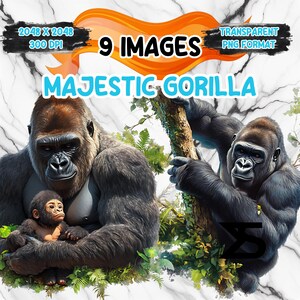 Watercolor Majestic Gorilla PNG Image, Gorilla Clipart bundle, commercial use, digital download, instant download