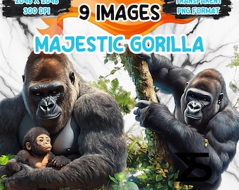 Puede incluir: Nueve imágenes digitales de gorilas en un entorno de selva. Las imágenes están en formato PNG y tienen 2048 x 2048 píxeles a 300 DPI. Las imágenes muestran un gorila grande sosteniendo un bebé gorila y un gorila grande trepando a un árbol. Las imágenes están etiquetadas como "Majestic Gorilla".