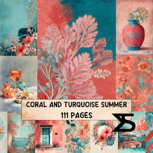 Può includere: Un collage di arte ad acquerello con tonalità corallo e turchese. L'opera d'arte comprende motivi floreali, un vaso con fiori e un bicchiere di vino. Il testo recita "CORAL AND TURQUOISE SUMMER" e "111 PAGES".
