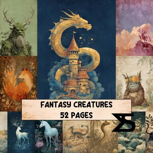 Könnte beinhalten: Eine Sammlung von Fantasy-Kunstdrucken mit verschiedenen Fabelwesen. Die Drucke zeigen einen Drachen, ein Schloss, einen Fuchs, ein Reh, ein Einhorn und andere fantastische Charaktere. Der Text "FANTASY CREATURES 52 PAGES" ist auf einem Banner zu sehen.