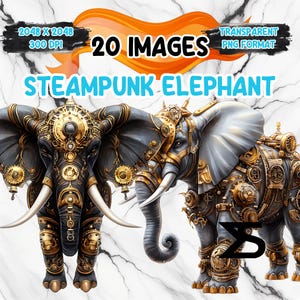 May include: Two steampunk elephant illustrations with intricate gold and silver gears and details. The elephants are facing forward with their trunks raised. The background is a white marble texture.