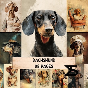Pode incluir: Uma colagem de retratos de cães dachshund em várias poses e trajes. A imagem central é um close-up de um dachshund preto e castanho. O texto "DACHSHUND 98 PAGES" é exibido em uma faixa. Outras imagens mostram cães fantasiados.