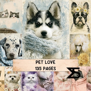 May include: A collage of various animals including a husky in a blue scarf, a French bulldog with a flower crown, a dalmatian, a poodle, and several cats. The text PET LOVE 135 PAGES is centred on a light tan rectangular background.