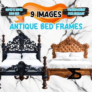 May include: Image featuring two antique bed frames. One is black with ornate carvings, the other is brown with a tufted headboard. The image includes text that reads "9 IMAGES" and "ANTIQUE BED FRAMES". The background is a marble pattern.