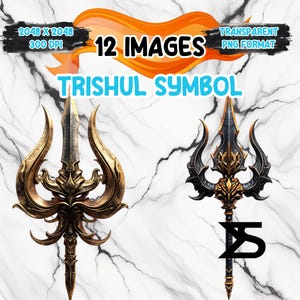 Può includere: Due simboli di trishul ornati, uno dorato e uno nero, su sfondo marmoreo. L'immagine include il testo "12 IMAGES", "TRISHUL SYMBOL" e informazioni sul formato e la risoluzione dell'immagine.