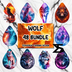 Könnte beinhalten: Ein Set mit 48 tropfenförmigen Ohrringdesigns, die Wölfe in verschiedenen Posen und Umgebungen zeigen. Die Designs beinhalten Wölfe in Flammen, Wölfe im Schnee und Wölfe mit floralen Akzenten. Der Text "WOLF 48 BUNDLE TERADROP EARRING DESIGN" ist auf dem Bild zu sehen.