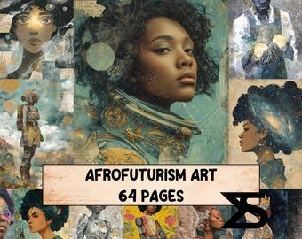 Kit de diario artístico afrofuturista con efímeros imprimibles, papeles de collage de ciencia ficción vintage, patrones africanos, técnica mixta cósmica para scrapbooking.