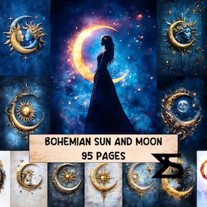 Könnte beinhalten: Digitaldruck mit einer Frau in einem langen Kleid vor einem Halbmond. Das Bild hat ein himmlisches Thema mit goldenen und blauen Akzenten. Der Text "Bohemian Sun and Moon 95 Pages" ist zu sehen.