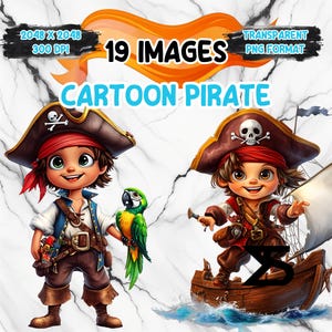 Paquete de 19 imágenes prediseñadas de piratas de acuarela, uso comercial, descarga digital, descarga instantánea.
