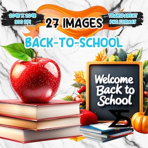Image PNG de la rentrée scolaire aquarelle sur fond transparent, autocollant numérique/Scrappbooking, usage commercial, téléchargement numérique instantané