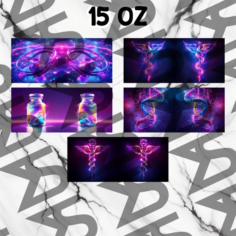 Puede incluir: Cuatro dise&ntilde;os diferentes para un vaso de 440 ml. Los dise&ntilde;os presentan un esquema de colores morado y azul brillante con patrones abstractos. Los dise&ntilde;os incluyen un par de orbes brillantes, un par de viales, un par de hebras de ADN y un par de s&iacute;mbolos de caduceo.