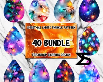 Conjunto de brincos com estampa de luzes de Natal brilhantes e sublimação, download digital instantâneo, uso comercial, brinco em formato de lágrima PNG