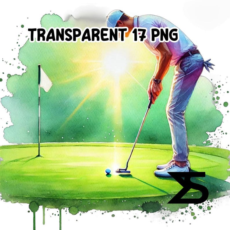 Puede incluir: Una pintura de acuarela de un golfista poniendo en un campo de golf verde. El golfista lleva una camisa blanca y pantalones blancos. El sol brilla intensamente en el fondo. El golfista est&aacute; a punto de meter la bola en el hoyo.
