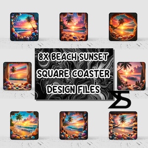 May include: Eight square coasters featuring a beach sunset design. Each coaster has a wooden frame with a colourful sunset over the ocean, palm trees, and seashells.