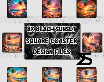 Juego de 8 posavasos cuadrados con diseño de sublimación "Atardecer en la playa", descarga digital instantánea, uso comercial, descarga PNG