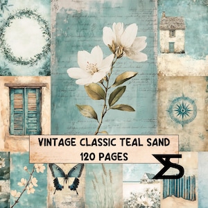 May include: A collage featuring a floral design with white flowers, a house, a compass, and a butterfly. The text "VINTAGE CLASSIC TEAL SAND 120 PAGES" is displayed on a rectangular banner.